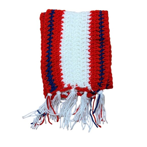 NEW Handmade Crochet Red White & Blue Striped Scarf With Fringe Edges - Picture 2 of 2